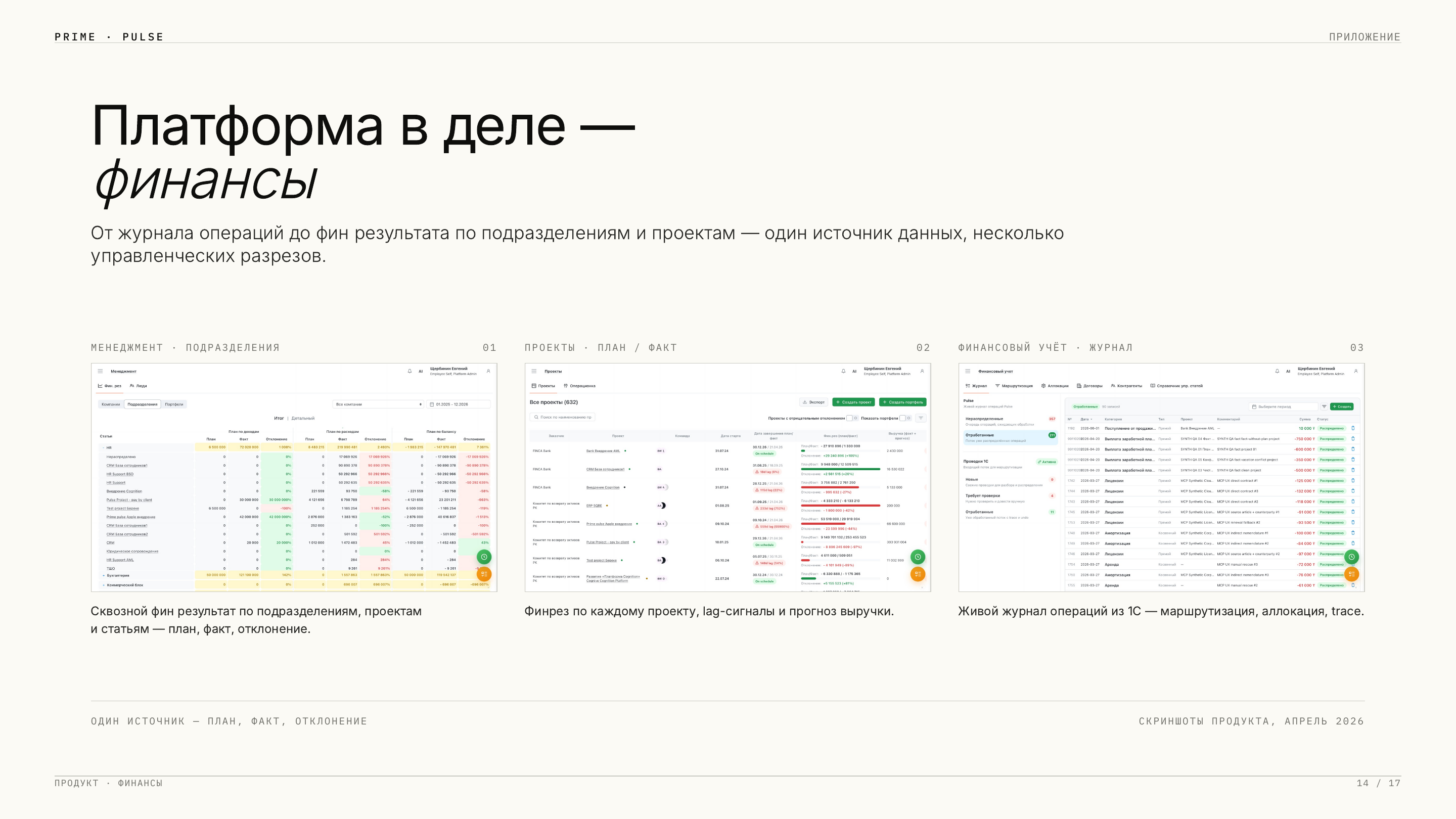 Pulse Platform: unified financial performance across divisions, plan/actual by projects, operations ledger